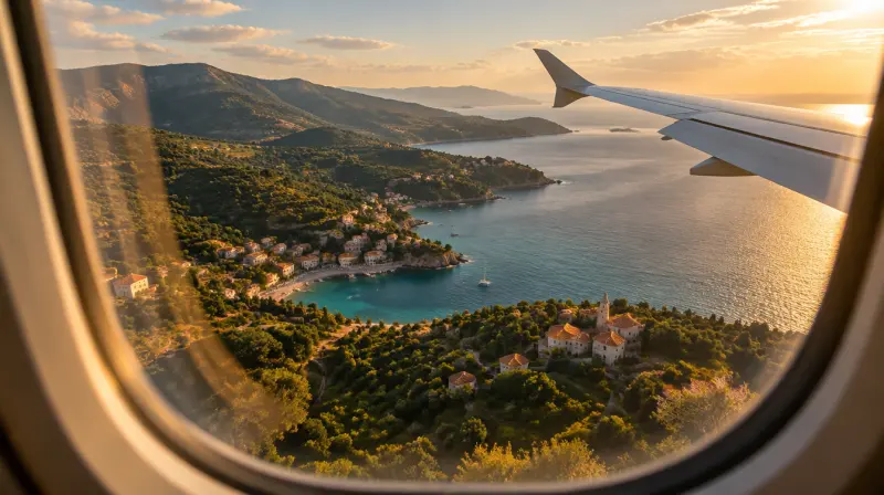 KI-Bild: Blick aus dem Flugzeugfenster auf eine Küste mit Buchten.
