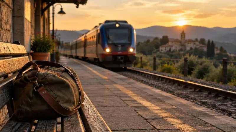KI-Bild: Ein Zug fährt im Abendlicht in einen Bahnhof, vorn eine Reisetasche.